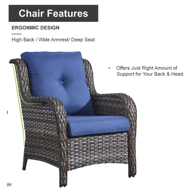 PARKWELL 5 Pieces Patio Furniture 4-Seat Outdoor Conversation Set with 30" 2 in 1 Propane Fire Pit Table and Deep Seat Lounge Accent Armchairs,Gray Wicker and Navy Cushions