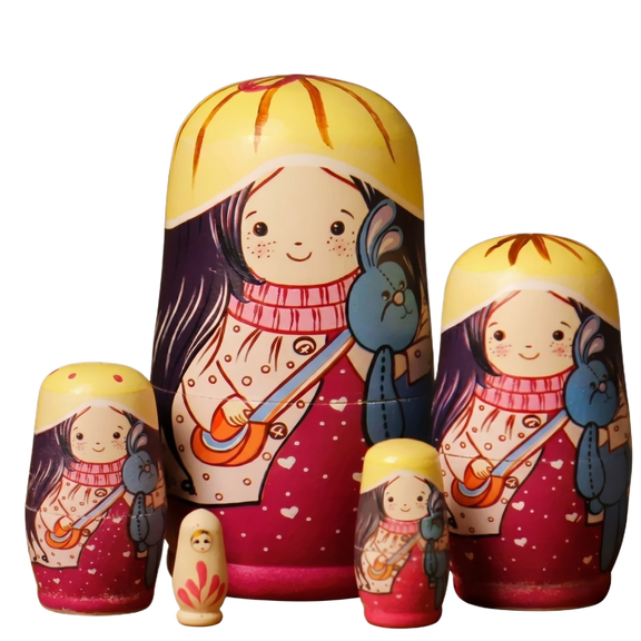 Wooden Nesting Dolls, Handcrafted Matryoshka Stacking Toy Set, Decorative Home Ornament, Birthday Gift Idea, Traditional Style Display, Red