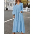 thumbnail image 5 of Women'S Boho Cotton Maxi Dress V-Neck Long Sleeve Flowy Beach Dress with Pockets and Buttons Light Blue M, 5 of 9