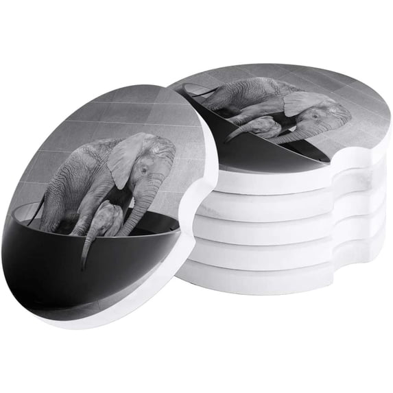 FMSHPON Retro Elephant Mom and Baby in The Bathtub Set of 2 Car Coaster for Drinks, Absorbent Ceramic Stone Coasters Cup Mat with Cork Base for Home Kitchen Room Coffee Table Bar Decor
