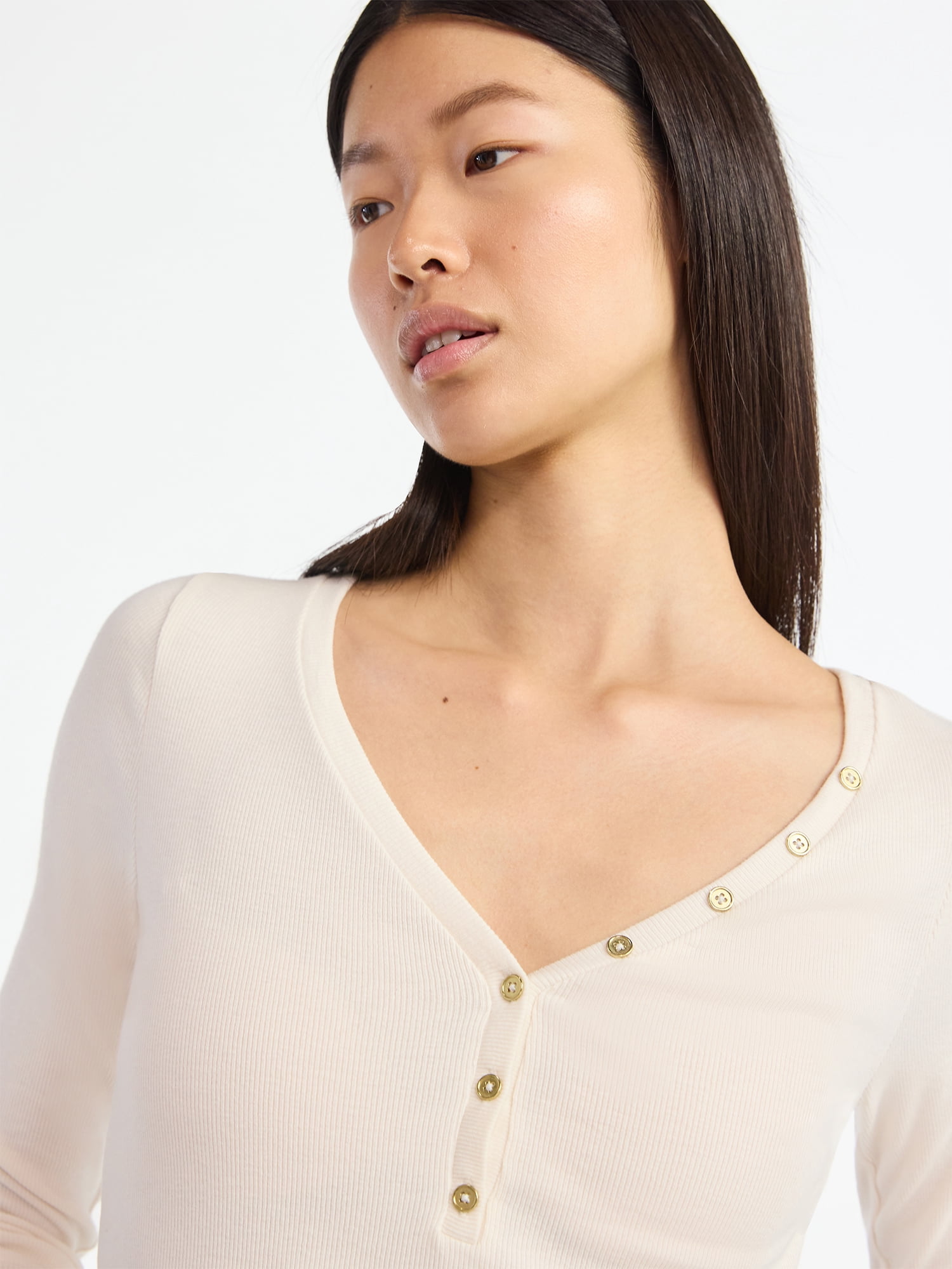 Scoop Women’s Ribbed V Neck Henley Top with Long Sleeves, Sizes XS-XXL