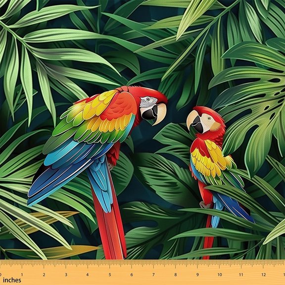 Erosebridal Parrot Birds Fabric By The Yard, Rainforest Palm Leaf Decorative Fabric, Green Wild Animal Safari Upholstery Fabric, Hawaiian Tropical Indoor Outdoor Fabric, 1 Yard