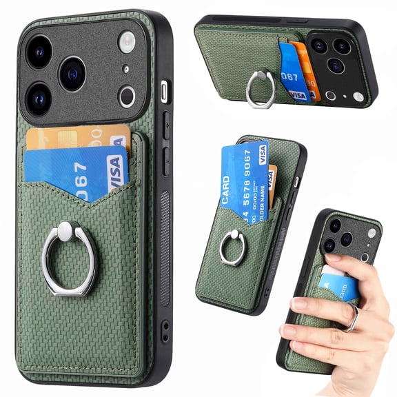 Wallet Case For iPhone 17 Pro Max, Carbon Fiber Texture Phone Case with Card Holder Slot and 360° Rotating Ring Kickstand, Slim Shockproof Protective Cover For iPhone 17 Pro Max,Green