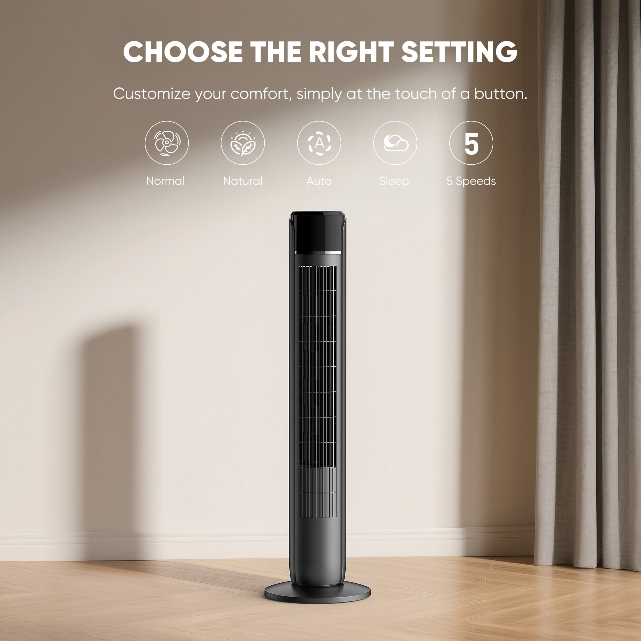 EDX Tower Fan for Home, 36" Standing Floor Fan, 25 ft/s Bladeless Fan Cold Air, 28dB Quiet for Sleep, Remote, 60° Oscillation, 12H Timer, 5 Speeds, 4 Modes, LED Display，Black