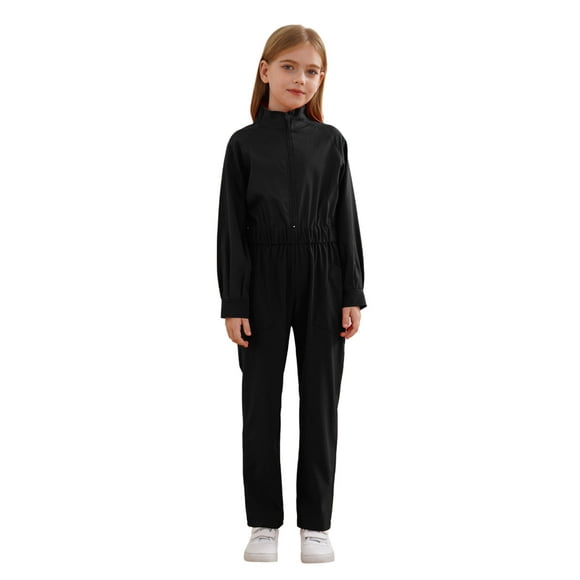 Moggemol Kids Girls Mechanic Boiler Suit Long Sleeve Coveralls Jumpsuit Flight Suit Halloween Cosplay Party Costume Black 8