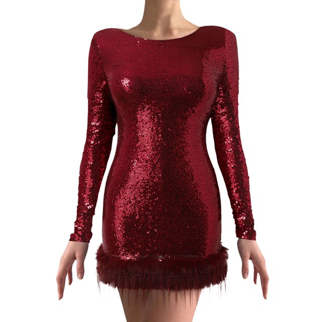 Wdgfv Robe à Sequins pour Femmes Robe Formelle à Sequins avec Manches Longues Col Rond pour Événements Soirée et Rouge TG