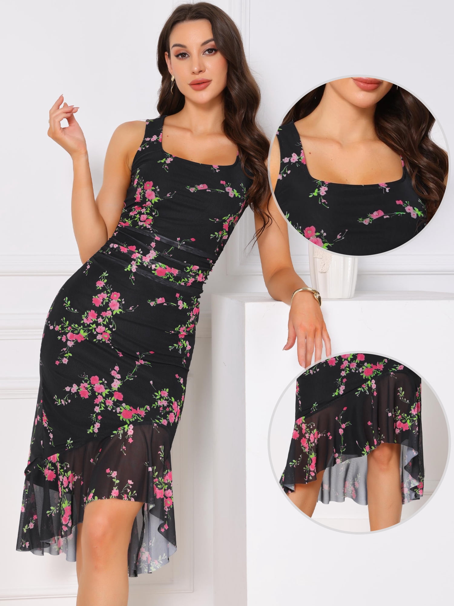 DARING DIVA Women's Summer Floral Bodycon Sleeveless Square Neck Dress XL Black