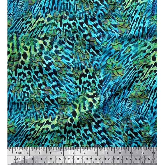 Soimoi Blue Cotton Duck Fabric Leopard & Peacock Animal Skin Print Sewing Fabric Yard 44 Inch Wide