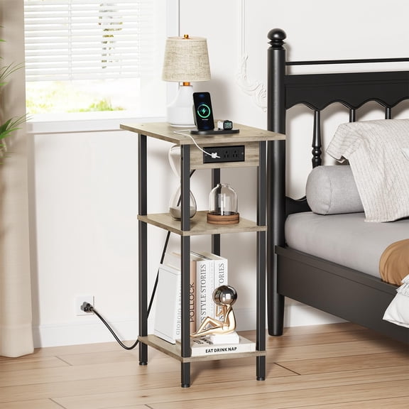Tall End Table with Charging Station, Skinny Nightstand with USB Ports and Outlets, 3 Tier Narrow Side Table with Storage for Bedroom, Living Room, Office, Greige