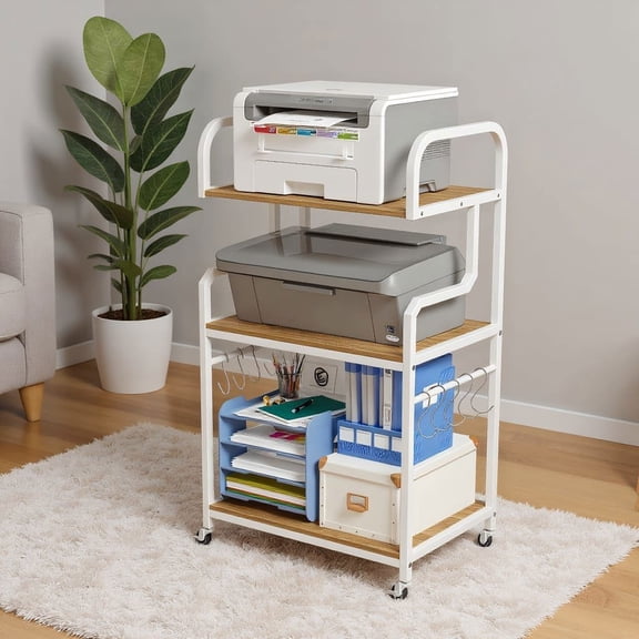 Resenkos 3-Tier Mobile Printer Stand with Storage Shelves, Large Rolling Cart for Home, Office, Natural
