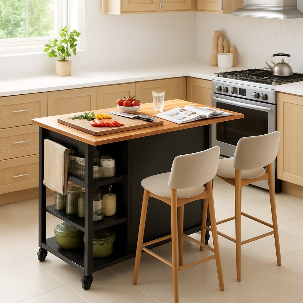 Aiho Rolling Island Table with Storage, 41.2" W Kitchen Island on Wheels with Drop Leaf & Spice/Towel Rack & Adjustable Shelf, Perfect for Kitchen, Living Room, Black