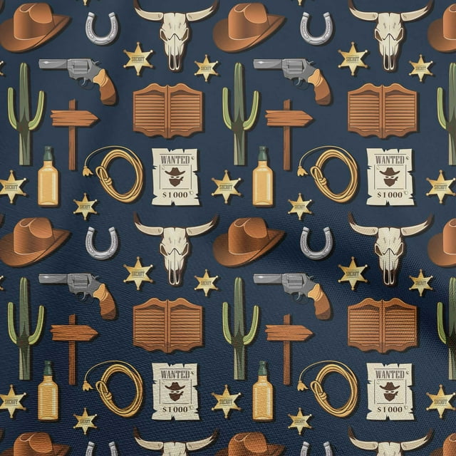 oneOone Silk Tabby Teal Blue Fabric Cowboy Fabric For Sewing Printed Craft Fabric By The Yard 42 Inch Wide