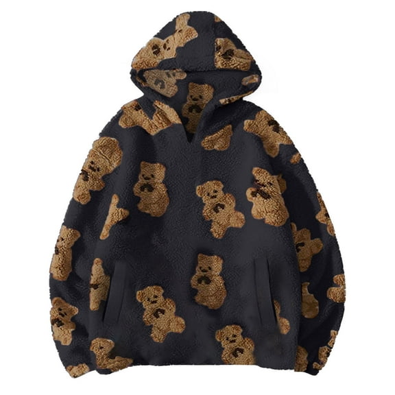 Taqqpue Women Fleece Hoodies Casual Bear Printed Hooded Sweatshirt Long Sleeve Shirts Fall Winter Keep Warm Oversize Pullover Tops with Pocket for Women