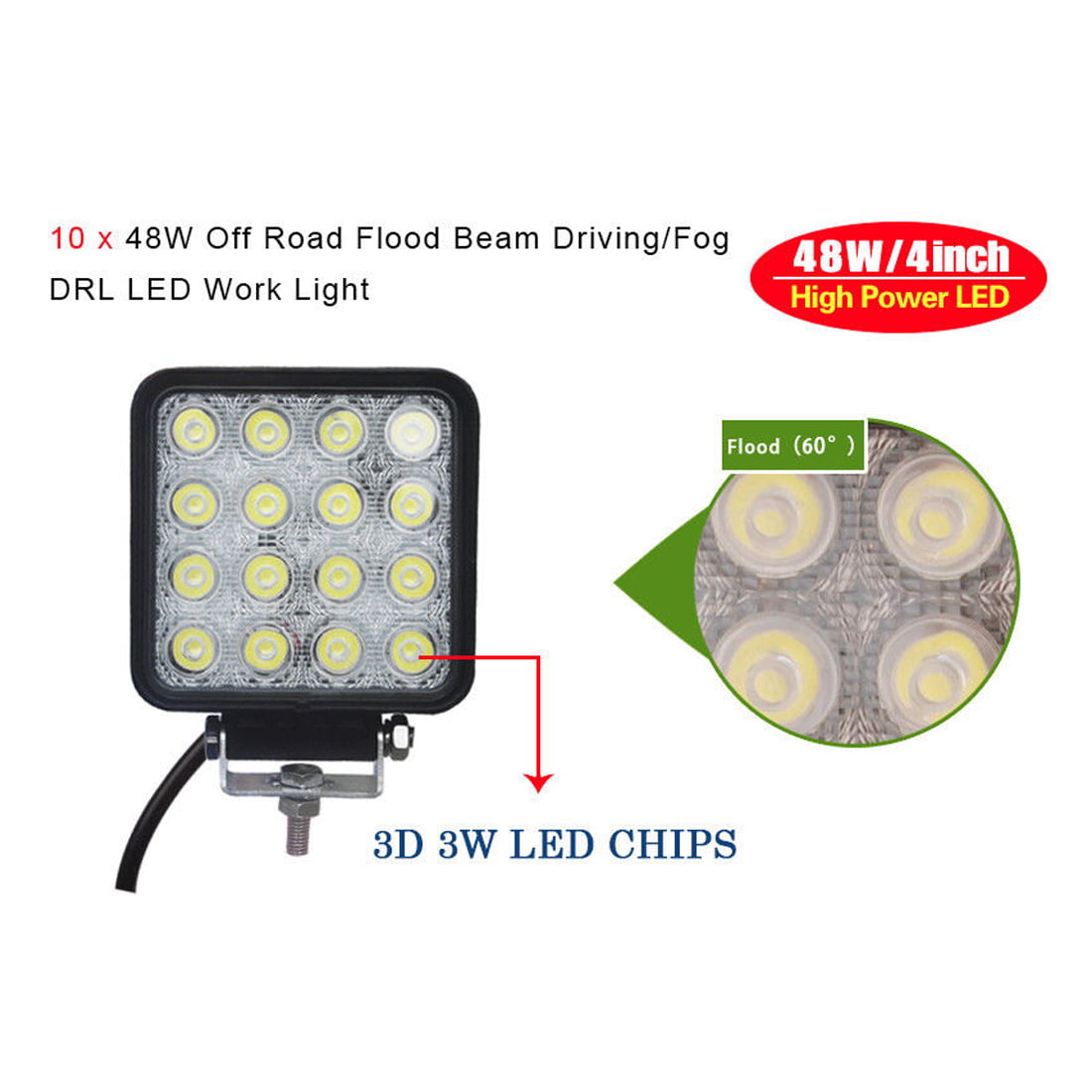 10X 48W 4inch Square Offroad FLOOD Work LED Light Fog Driving DRL SUV 4WD Truck