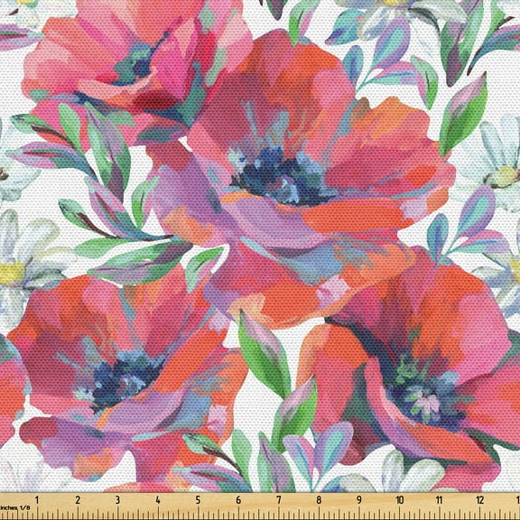 Ambesonne Floral Design Fabric by the Yard Upholstery, Garden Anemones Print, 3 Yards, Dark Coral Fern Green