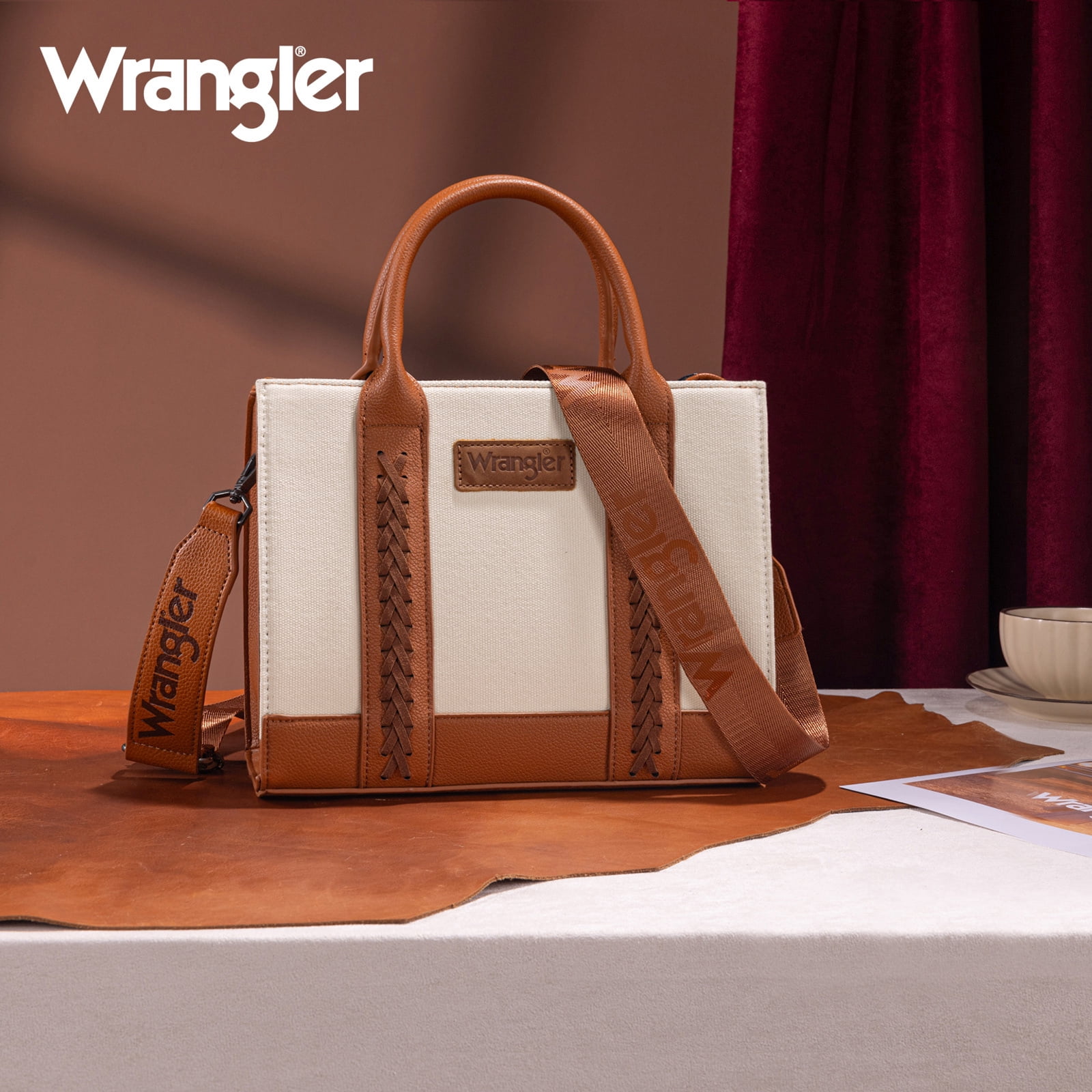 Wrangler Medium Tote Bag for Women Canvas Structured Satchel Purse with Braided Straps Top-handle Handbag with Zipper Pocket, Brown