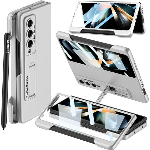 Compatible Samsung Galaxy Z Fold 4 Case with S Pen Slot [Screen Protector] [Magnetic Kickstand]Full Body Anti-Drop Protective Case for Samsung Galaxy Z Fold 4 Phone Case with S Pen Holder Silver