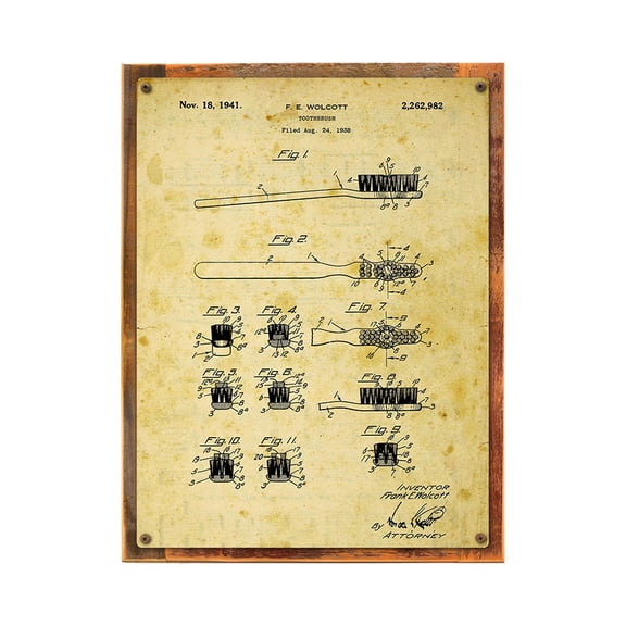 Framed, Outdoor Toothbrush Patent Drawing 9"x12" Metal Sign, for Bathroom, Dentist Office, Orthodontist, Oral Hygenist, Hand-Crafted from reclaimed materials
