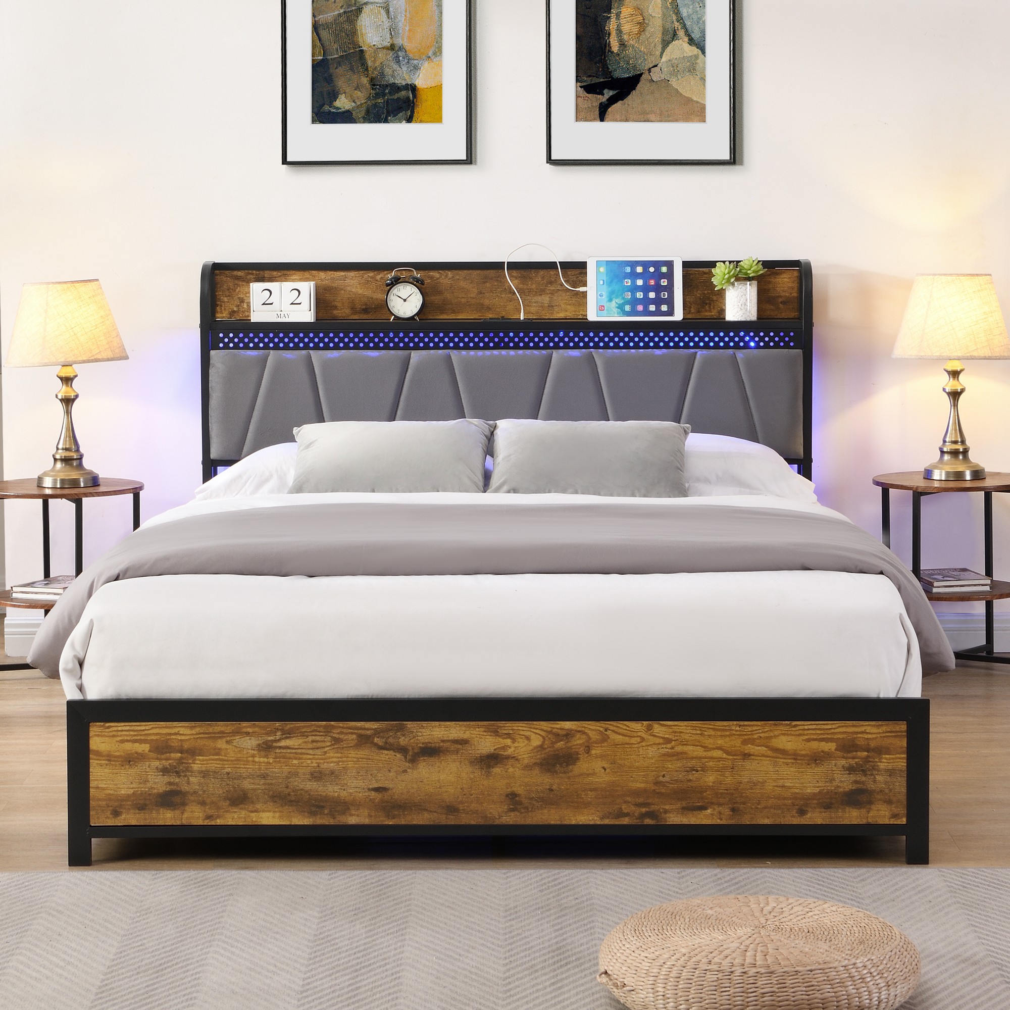 Gewnee King Size Bed Frame, Storage Upholstered Headboard with Charging Station and 4 Storage Drawers,LED Lights , Brown and and Gray
