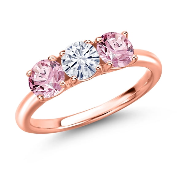 Gem Stone King 18K Rose Gold Plated Silver White Moissanite and Pink Lab Grown Diamond Engagement Ring for Women | 1.50 Cttw | Round 5MM | Gemstone Birthstone | Size 8