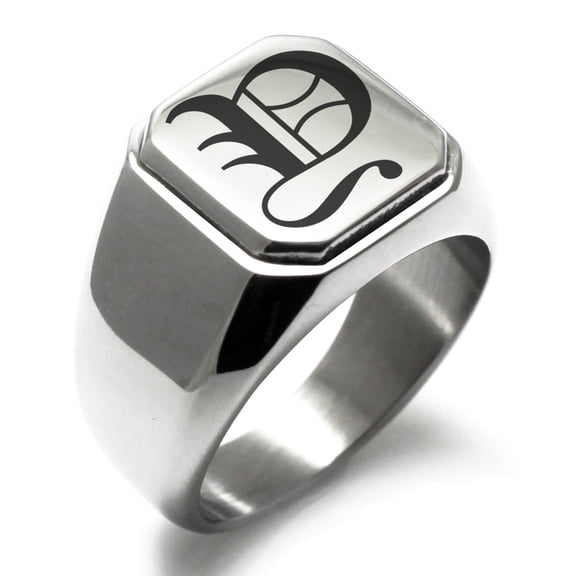 Stainless Steel Letter Y Initial Old English Monogram Engraved Engraved Square Flat Top Biker Style Polished Signet Ring