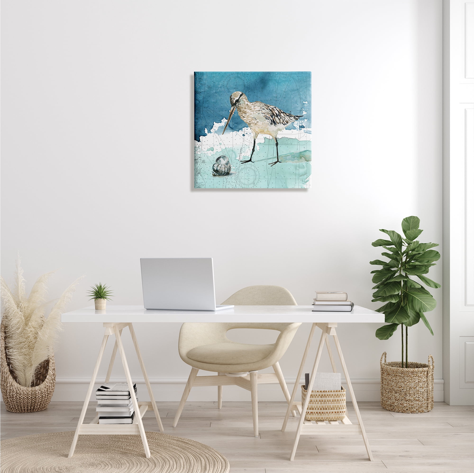 Stupell Industries Beach Bird Round Shell Blue Ocean Coastal Map Animals & Insects Painting Gallery Wrapped Canvas Print Wall Art, 24 x 24