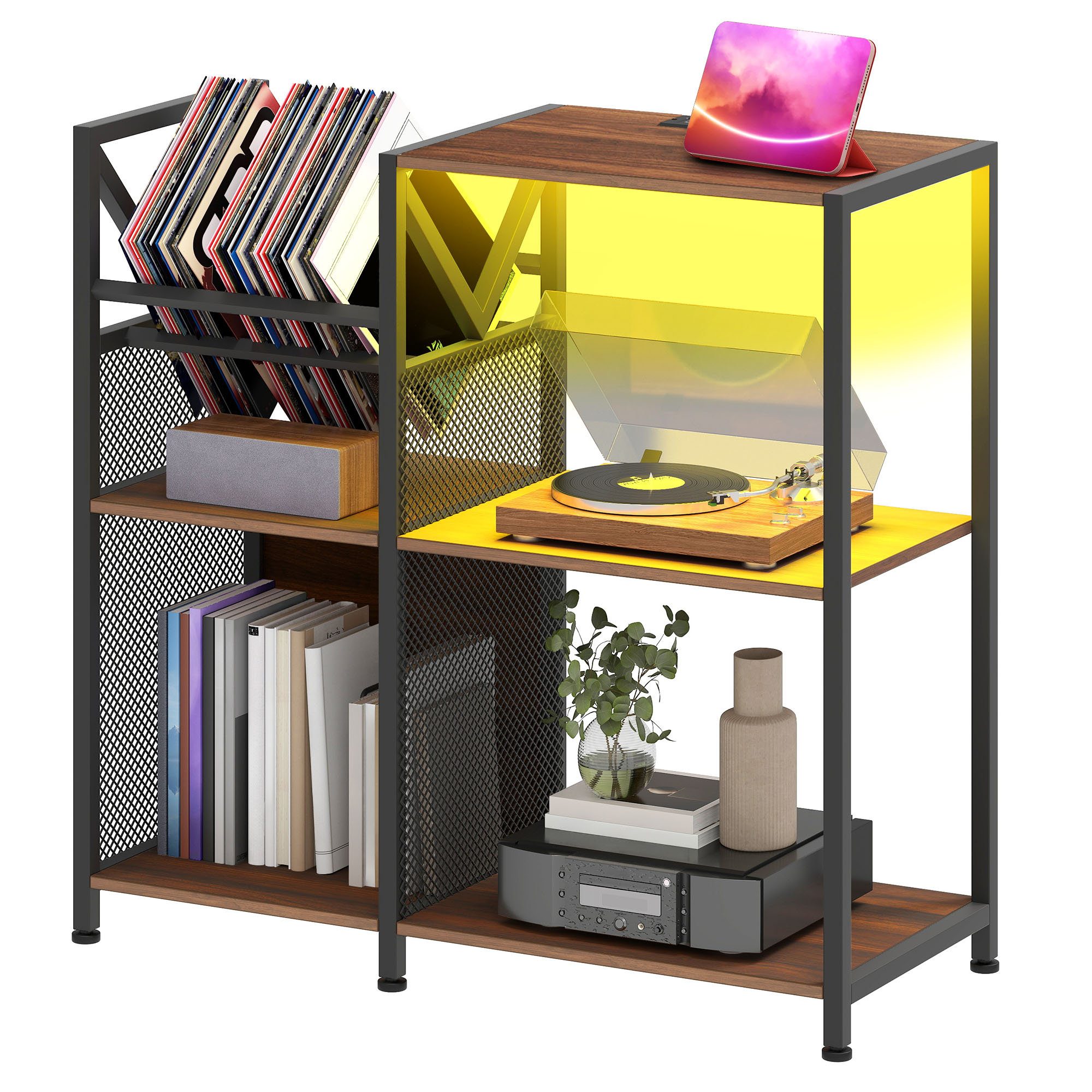 Uforic 3-Tier Vinyl Record Player Stand with RGB LED Light, Power Strip (AC/USB), Walnut Storage Cabinet Holds 300 Albums
