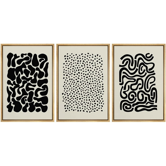 PixonSign Framed Canvas Print Wall Art Set Geometric Black Art Deco Vintage Pattern Abstract Shapes Illustrations Modern Art Minimalism Decorative for Living Room, Bedroom, Office - 16"x24"x3 NATURAL