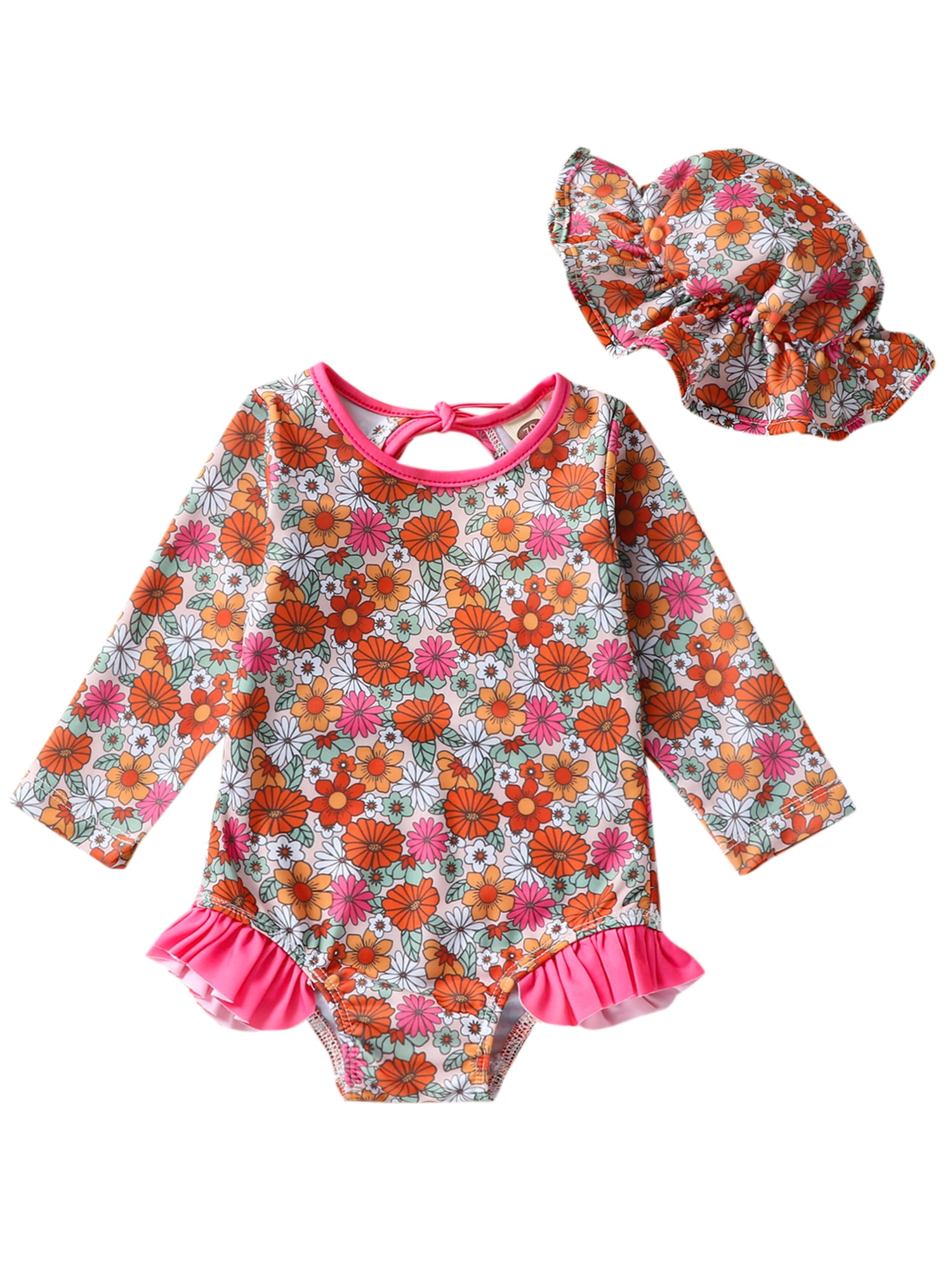 Qtinghua Newborn Baby Girls Floral Swimsuit Long Sleeve Sun Protection ...