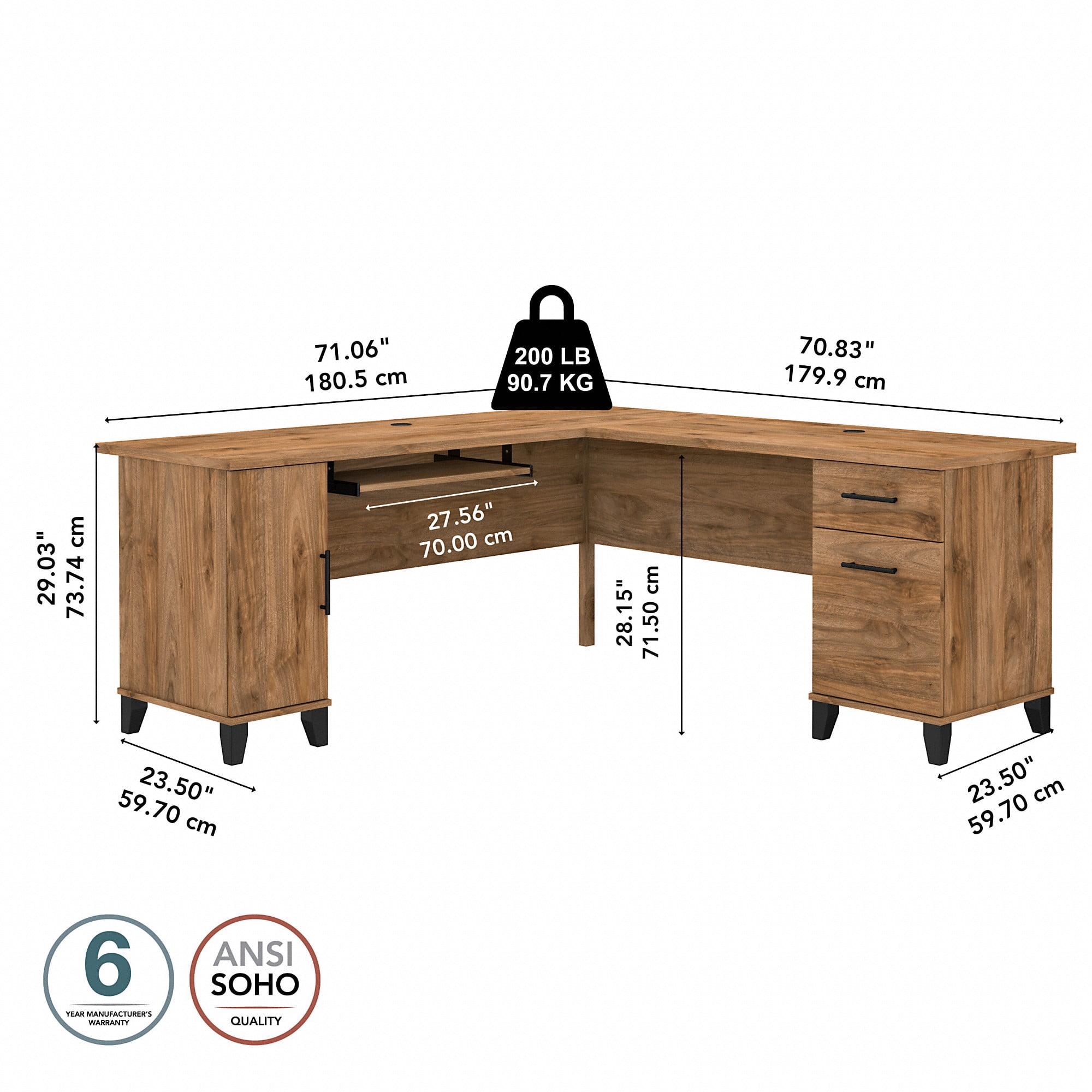 Somerset 72W L Shaped Desk with Storage in Fresh Walnut - Engineered Wood
