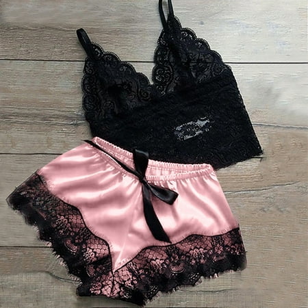 

Auroural womens sleepwear set Women New Sexy Fashion Lace Lingerie Silk Underwear Sleepwear Pajamas Satin