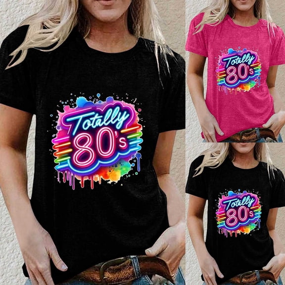Trendfront Womens Retro 80s Letter Graphic Tops Crewneck Casual Loose Fit Short Sleeve Tee Trendy Fashion T Shirts Pullover Daily Wear