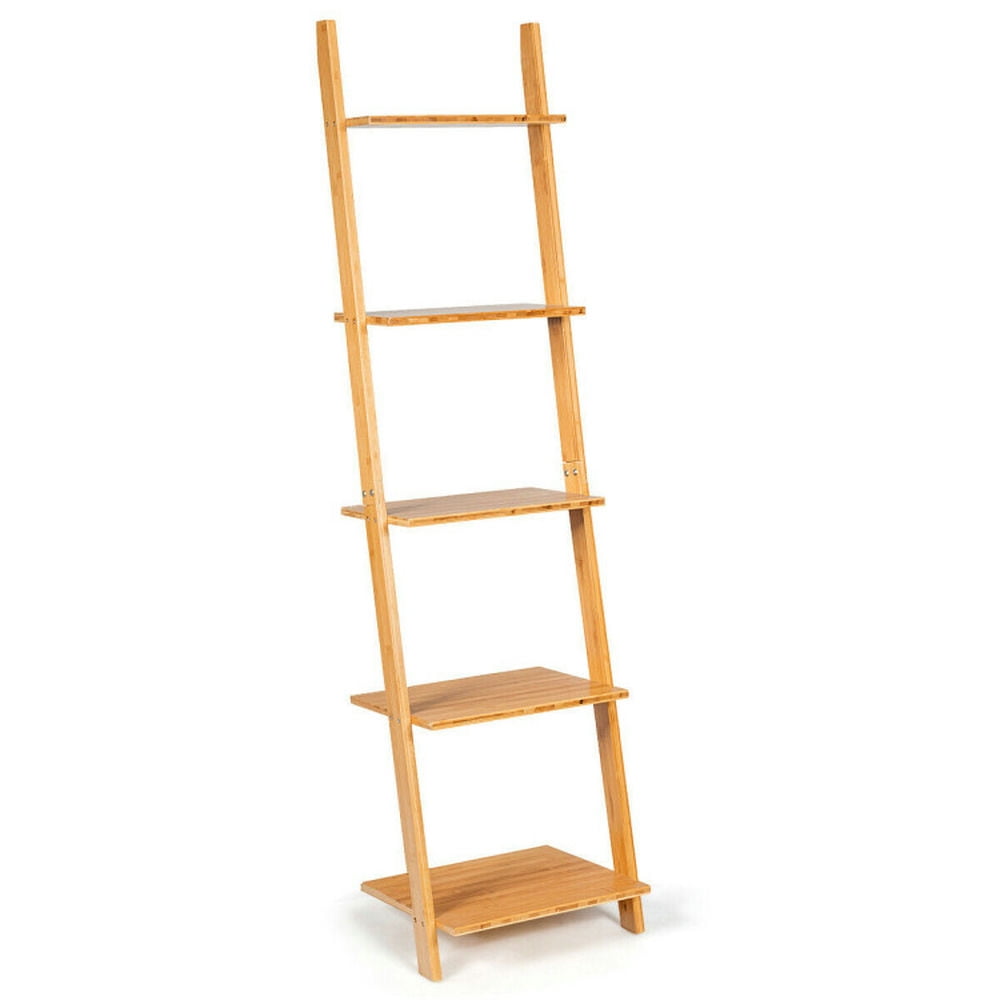 Demi Bonn 5-Tier Modern Bamboo Bookshelf, Wall-Leaning Display Ladder Storage Stand Rack, Beige