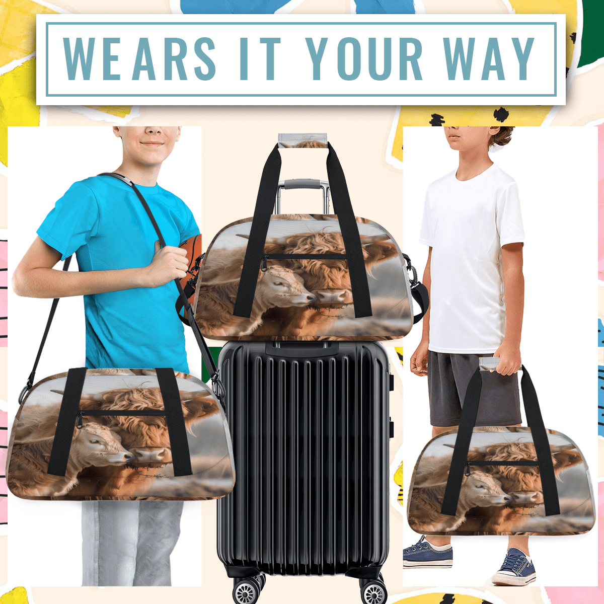 Herdesigns Sports Duffle Bags Travel Duffle Bag Gym Bag Farmhouse Highland Cow Weekender Travel Bag Waterproof Overnight Bag Carry On Travel Tote Bag Dance Bags
