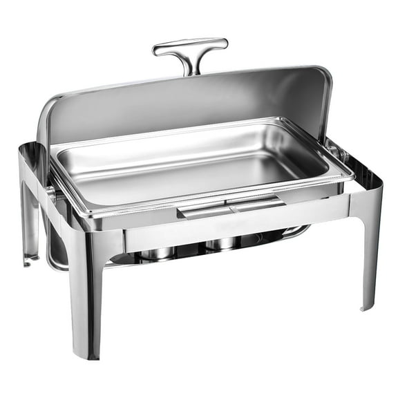 KFFKFF 9Qt Roll Top Chafing Dish Buffet Set,  with Full Size Pan, Stainless Steel Rectangle Catering Warmer with Lid, Water Pan, Folding Stand, Fuel Holder, Meal Clip, Silver