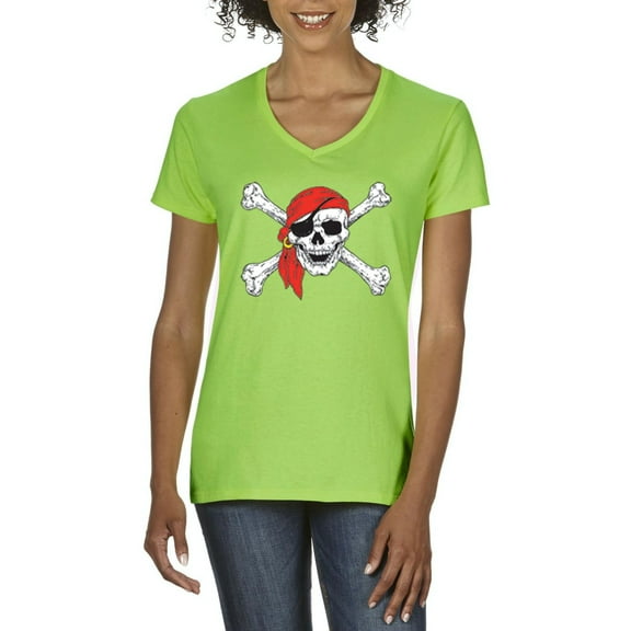 Artix - Women's T-Shirt V-Neck Short Sleeve, up to Women Size 3XL - Jolly Roger Skull & Crossbones