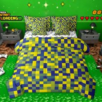 Homewish Minimalist Geometric Checkered 7pcs Bedding Comforter Set,Pixel Pattern Queen Bedding Sets,Yellow Deepblue Queen Sheet Sets For Children,Microfiber Bedroom Decor Reversible