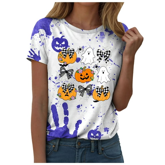 YDFCWXW Women's Halloween Graphic Short Sleeve T-Shirt - Cute & Spooky Printed Casual Tee for Parties Purple, M