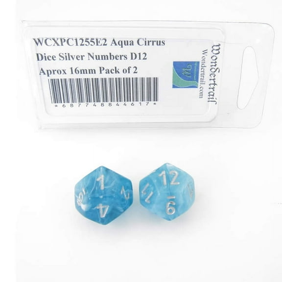 Aqua Cirrus Dice with Silver Numbers D12 Aprox 16mm (5/8in) Pack of 2 Wondertrail