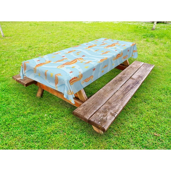 Animal Outdoor Tablecloth, Water Bubbles on the Surface with Seahorse and Sea Star in Waves Coast Tropical, Decorative Washable Fabric Picnic Table Cloth, 58 X 84 Inches,Orange Blue, by Ambesonne