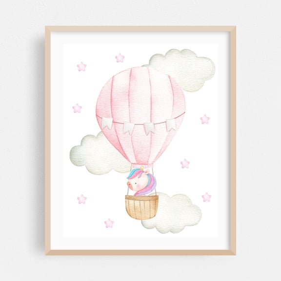 Pink Hot Air Balloon, Magic Unicorn, Stars, Girl Nursery - Illustration Hot Air Balloon Watercolor Whimsical Animal Stars Pastel Oak Framed Wall Art Print 18 x 24 inches
