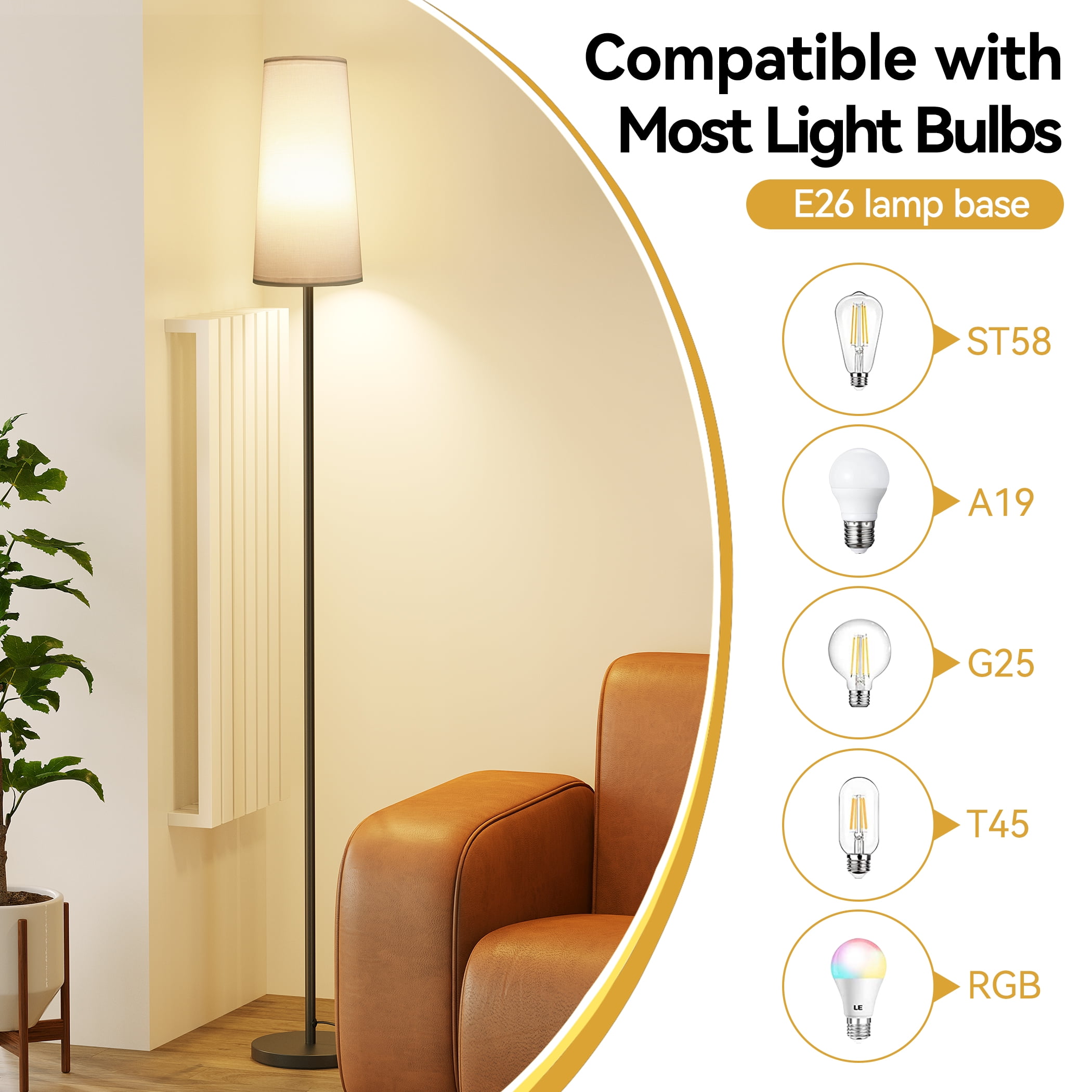 Sunmory Floor Lamp, Floor Lamps for Living Room/Bedroom/Office, Standing Lamp with LED Bulb, 3 Color Temperature Tall Lamp, Suitable for Modern/Boho/Farmhouse and Other Home Decor Styles