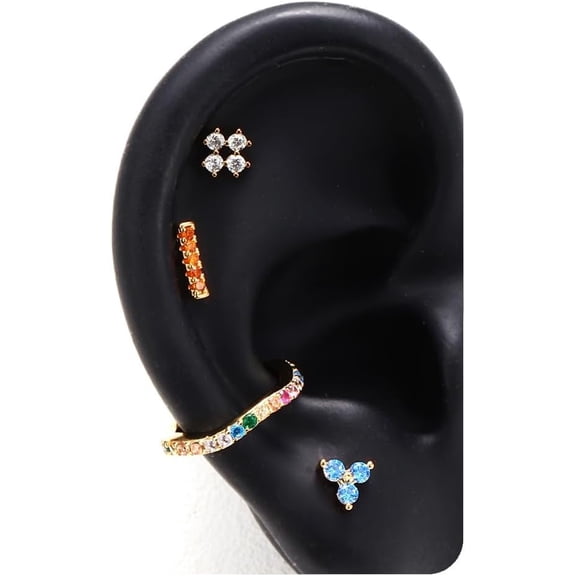 4Pcs Flat Back Earrings, Ear Cuff S925 Sterling Silver, Screw Back Stud Earrings for Women, Dainty Cartilage Earring Helix Conch Tragus Piercing Jewelry, 16K Gold Plated, Blue/Tanzanite/Oran...[i962]