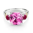 thumbnail image 2 of Gem Stone King 925 Silver and 10K Yellow Gold Pink Created Sapphire and Red Created Ruby 3 Stone Ring for Women (5.30 Cttw, Gemstone September Birthstone, Cushion 10MM, Round 4MM, Size 6), 2 of 3