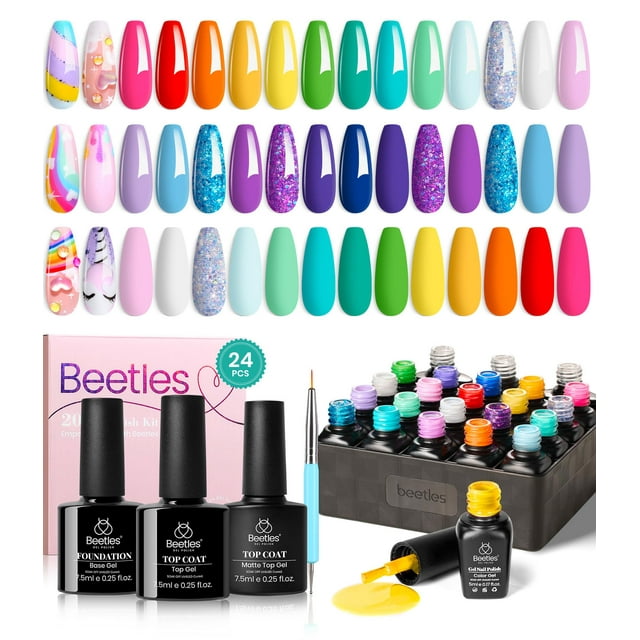 Set de esmaltes de uñas Beetles Pastel Gel, 24 unidades, con capa superior y base