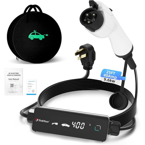 Level 2 EV Charger 40Amp 9.6kW 240V EV Charger Level 2 with Smart LED Screen, 14/24/32/40A, 8 Hours Delay Timer, 25FT Electric Car Charger with Bag NEMA 14-50P J1772 Evs