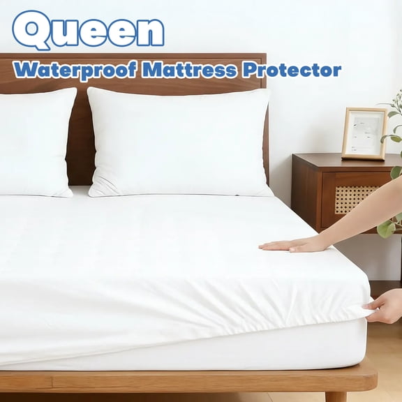 Queen Mattress Protector, Waterproof Mattress Protector, Soft & Breathable Mattress Cover Queen Size Bed, White
