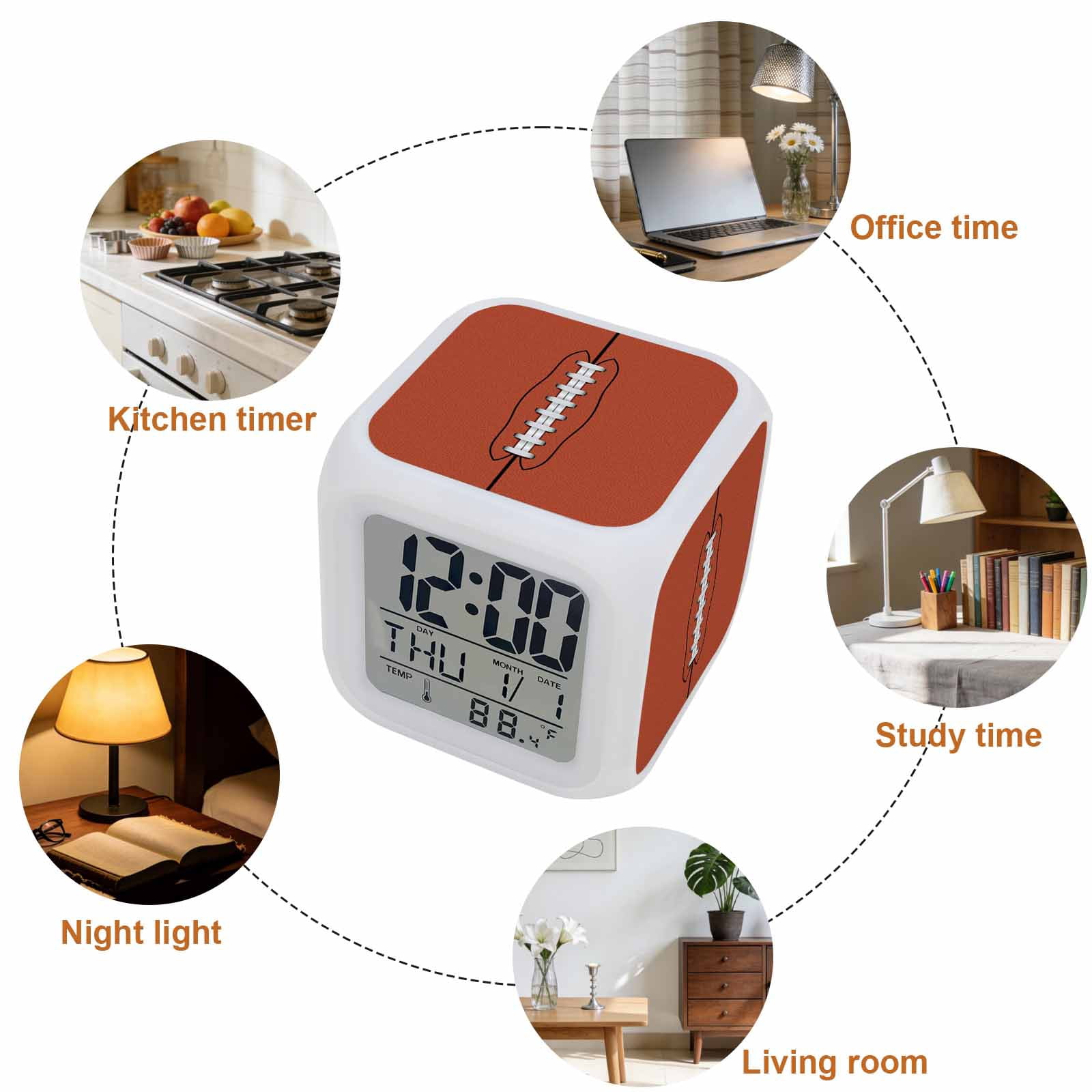 Alarm Clocks American Football Digital Clock 7 Color LED Night Light Silent Non-Ticking Battery Operated Retro Fur Texture Sports Cube Clocks Decorative for Bedroom Bedside Living Room Office School