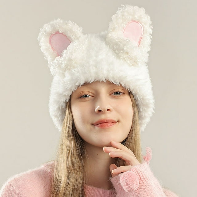 YAOBAMM Women Thick Cap Women Winter Hat Cartoon Rabbit Ear Decor Soft Plush Thick Warm Cold Resistant Elastic Slip Color Matching Ear Protection