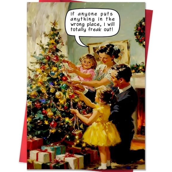 Vintage Christmas Card – Family Decorating Tree Humor – Perfect for Sending Warm Wishes – Blank Inside with Envelope – Fun Holiday Greeting